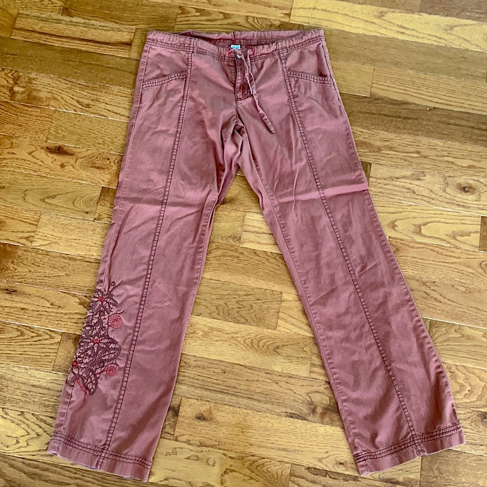 PrAna Floral Flower Embroidered Organic Cotton Pants size M Terra Cotta Orange